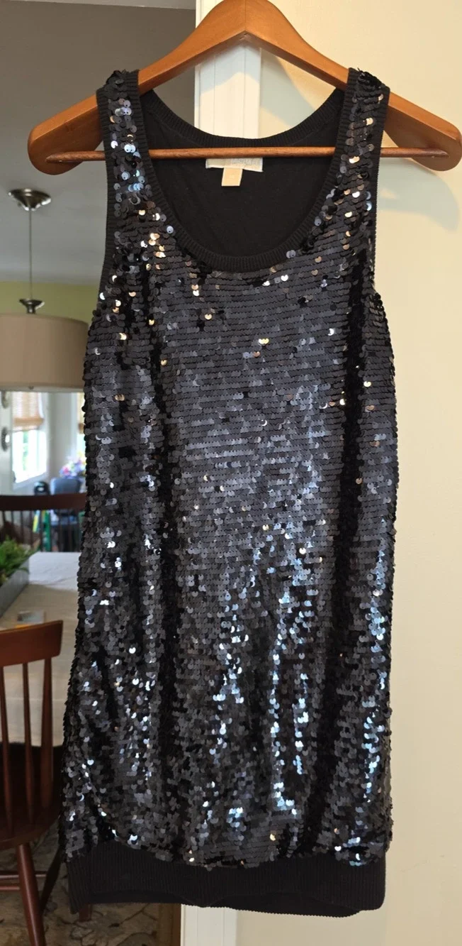 Michael Kors Black Sequin Tank Mini Dress XS Ribbed Knit LBD Cocktail Party Glam